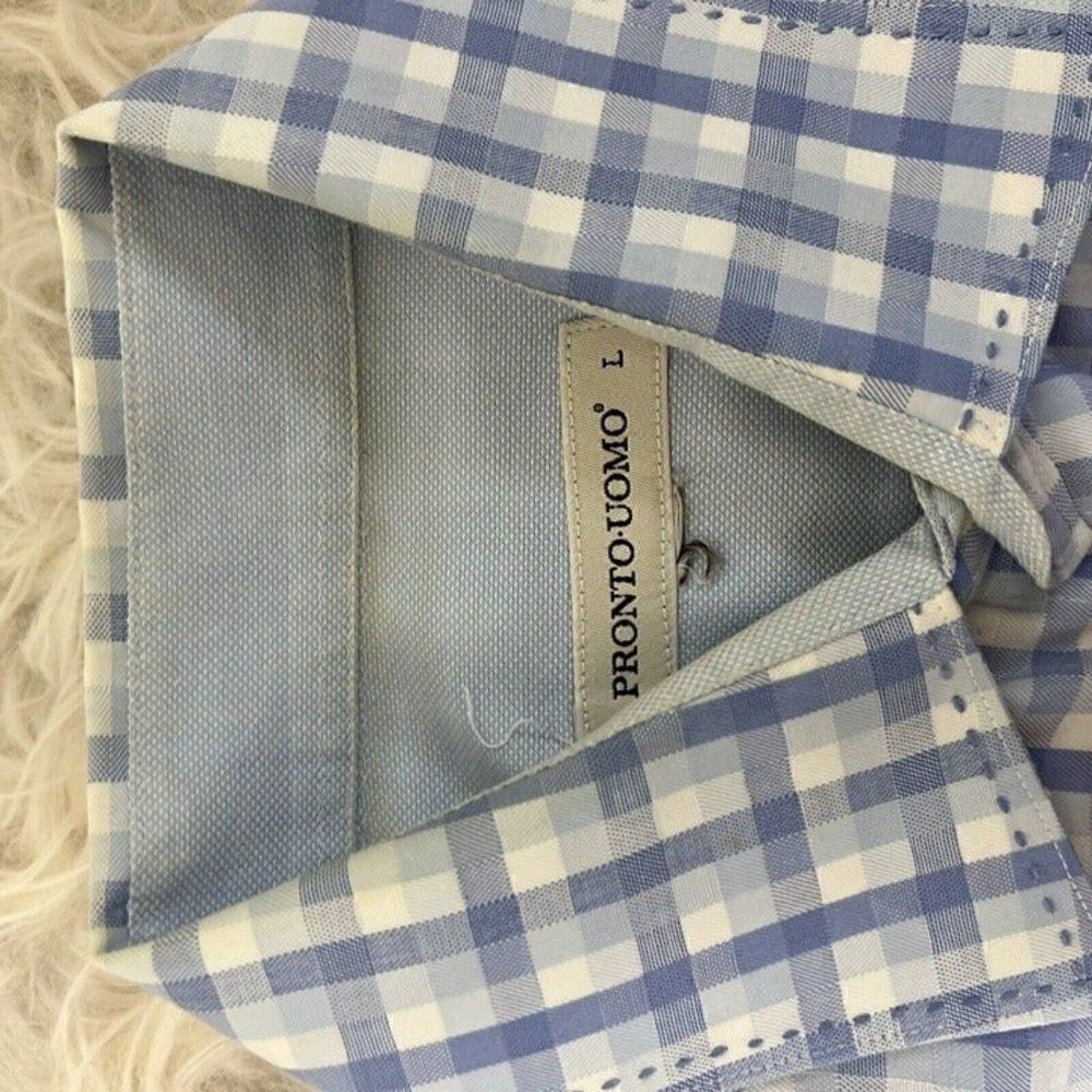 PRONTO UOMO Mens Cotton Long Sleeve Button Up Blue Plaid Abstract Shirt Large - Picture 5 of 10